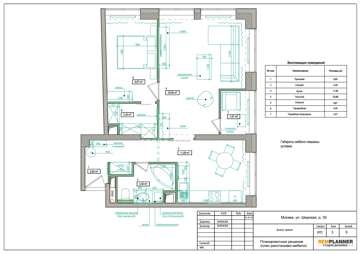 План расстановки мебели квартиры в ЖК Shirokaya GreenPark