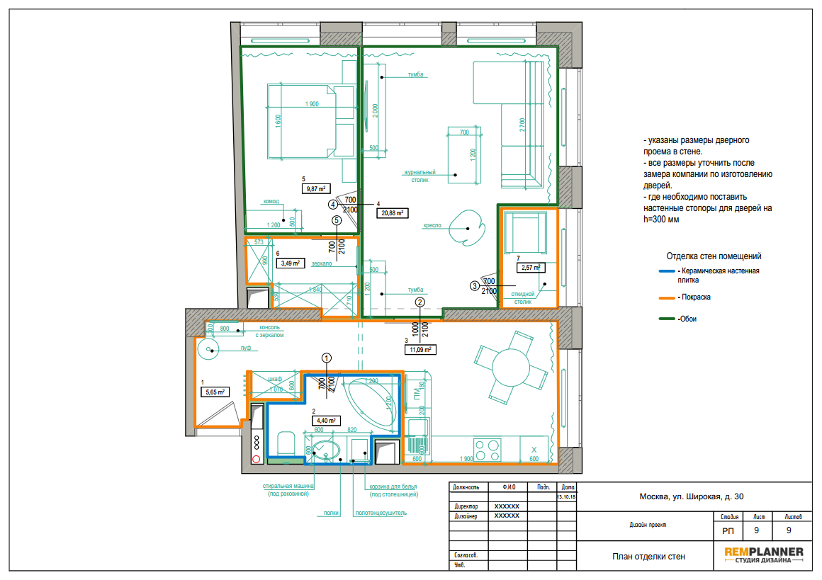 План отделки стен квартиры в ЖК Shirokaya GreenPark