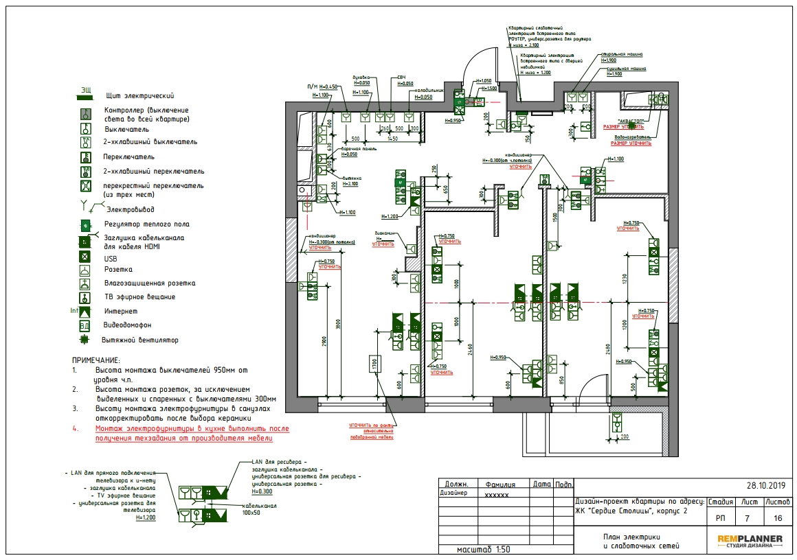 План электрики и слаботочных сетей квартиры в ЖК Сердце Столицы