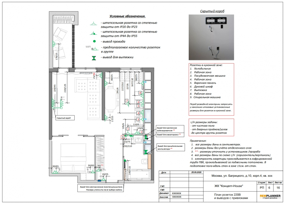 План розеток и выводов квартиры в ЖК Концепт Хаус