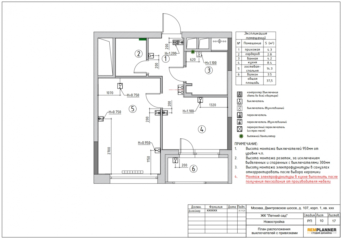 План выключателей квартиры в ЖК Летний сад