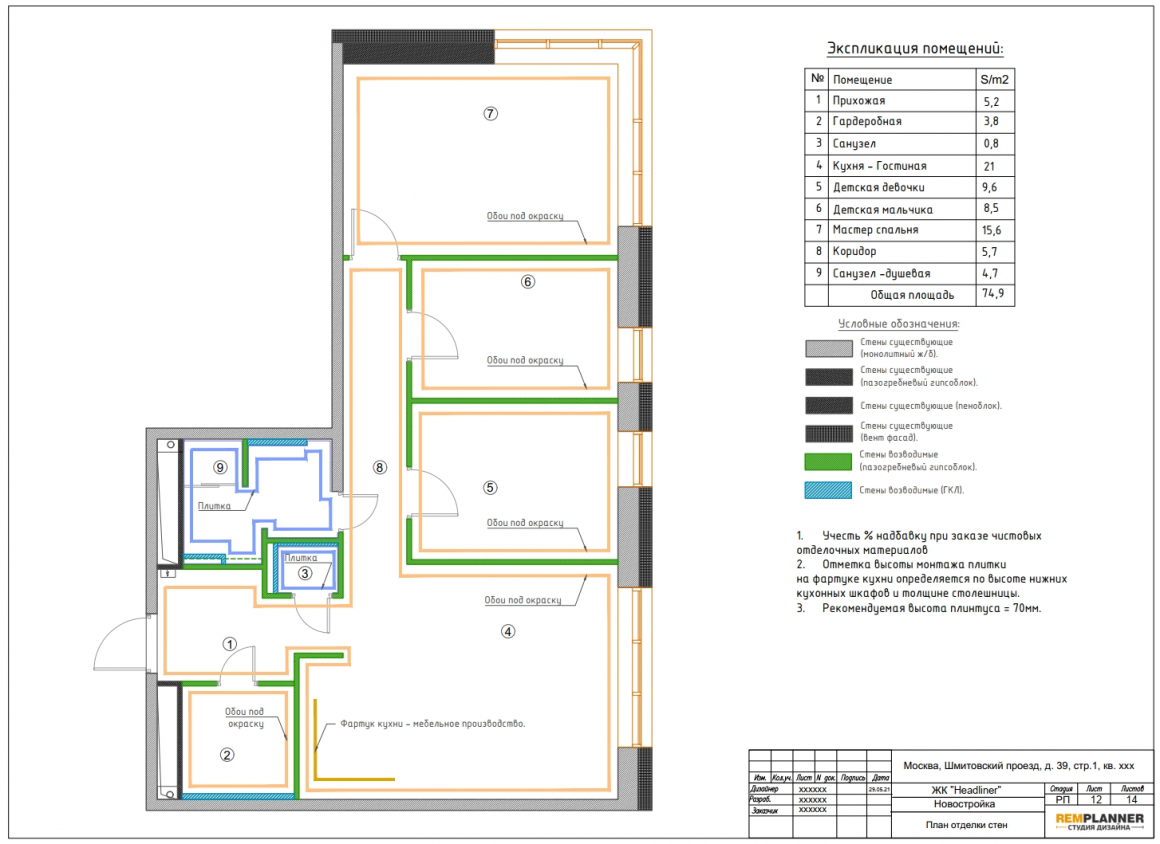 План отделки стен квартиры в ЖК Headliner