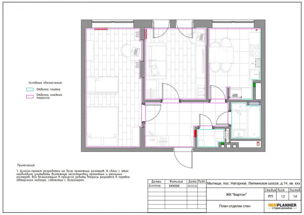 План отделки стен квартиры в ЖК Бартон